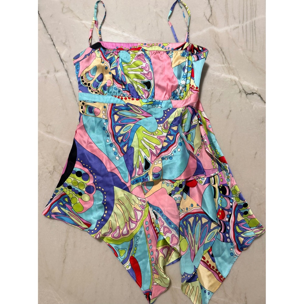 Y2K Paris Paris Psychedelic Butterfly Hobo Satin Handkerchief Hem Tank Cami  XS